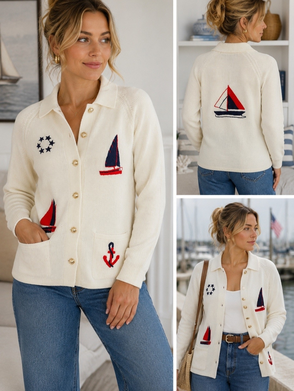 Vintage LeRoy Knitwear Nautical Sailboat Cardigan Coastal Americana Sweater